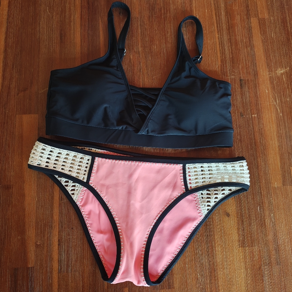 Bikini Set Victoria Secret Pink Crochet Swim Bottom Black Top Padded Both Size L